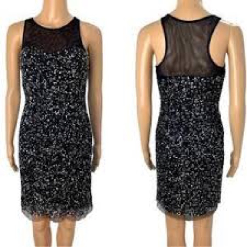 AIDAN MATTOX Size 12 Elegant Little Black Dress.Silver Sleeveless Mesh Sequins‎